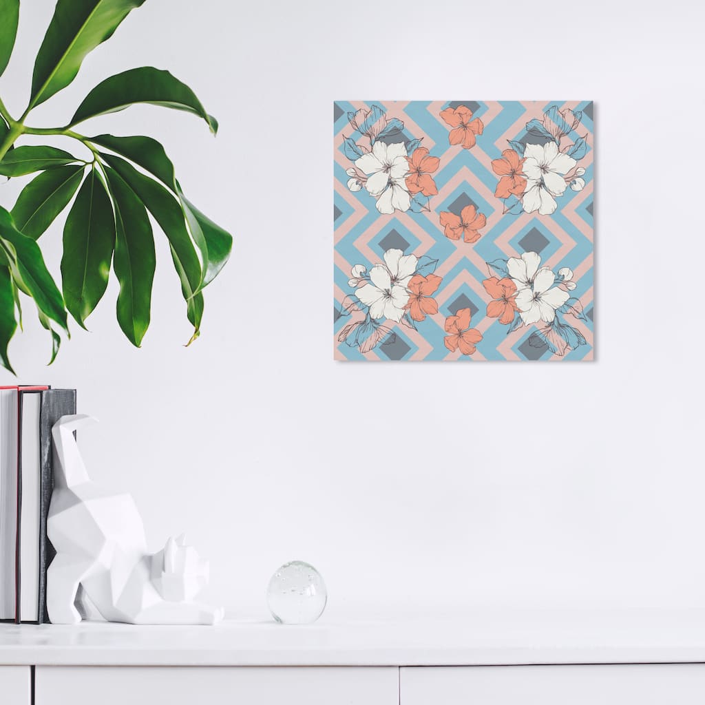 Wynwood Studio Canvas Floral and Botanical Chevron Flowers Blue and Light Blue Wall Art Canvas Print