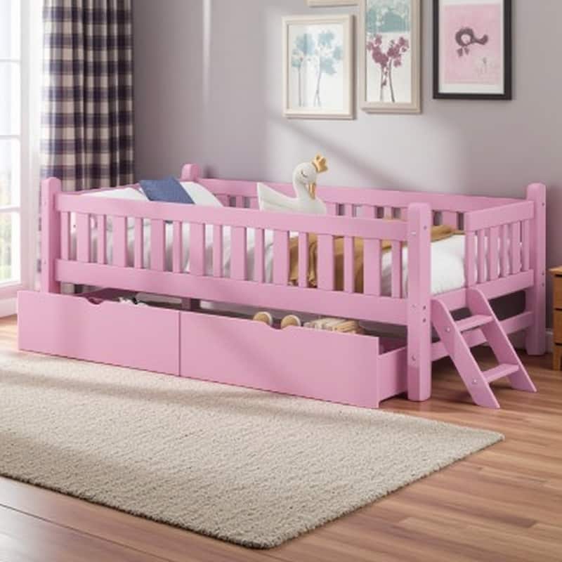 Twin Size Platform Bed for Kids with Partial Guardrail and 2 Pull-Out Storage Drawers, Low Profile Wooden Frame - Pink