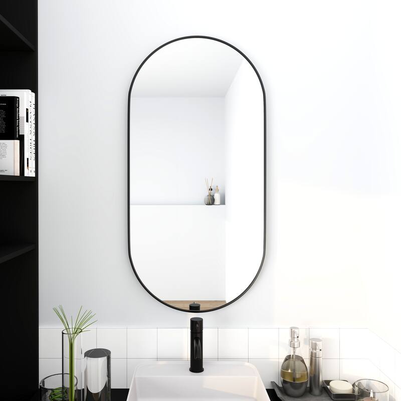 GDFStudio - Nolan Sleek Modern Bathroom Mirror with Durable Black Aluminum Frame and Crystal Clear Reflection - 18 x 35 Inch - Black
