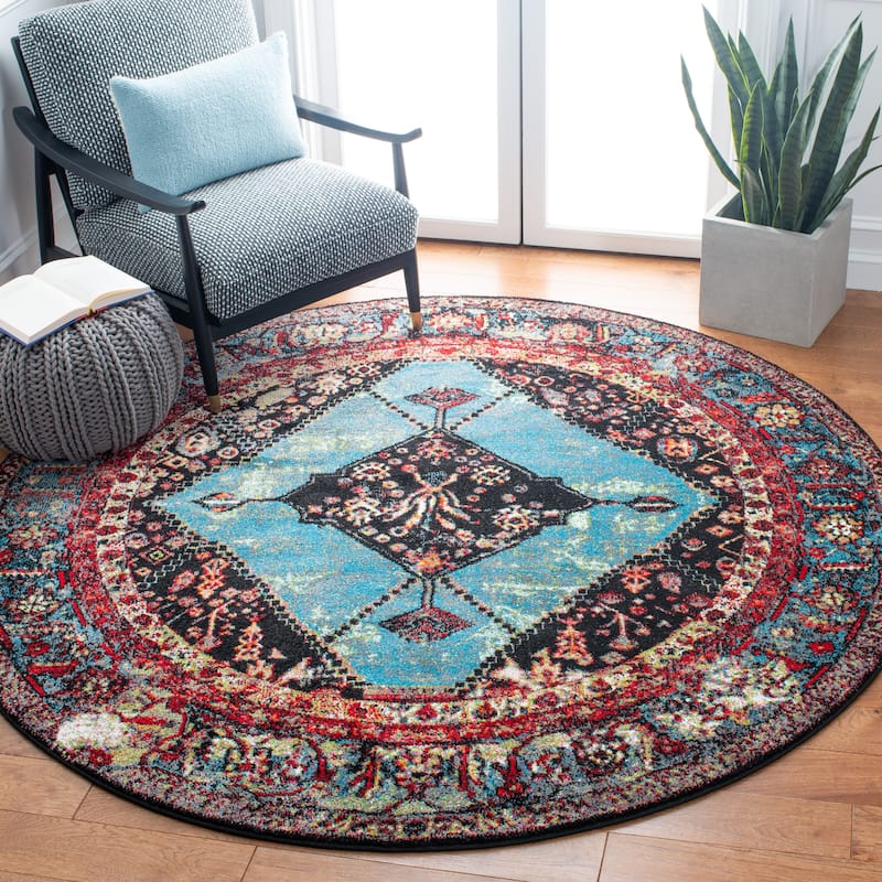 SAFAVIEH Vintage Distressed Boho Regina Akife Oriental Rug - 3' Round - Red/Light Blue