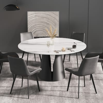 59'' Round Marble Dining Table with Solid Wood Pedestal