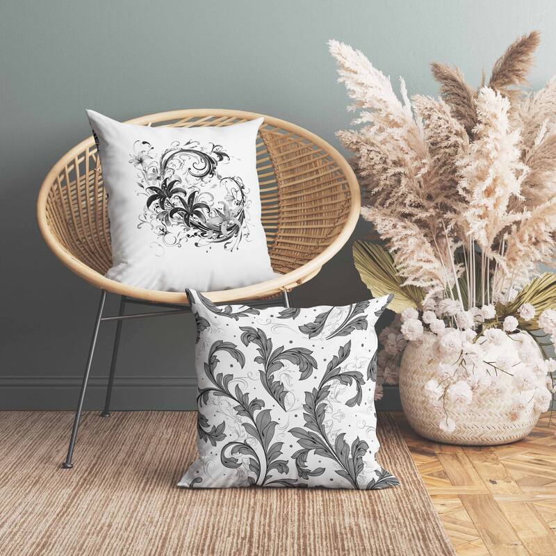 Petal and Swirl Indoor/Outdoor Reversible Throw Pillow White and Grey