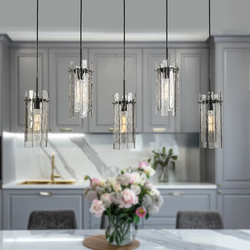 Modern 5-Light Large Linear Chandelier Texture Glass Kitchen Island Light - Black - W59.1"xD7.9"xH80.5"