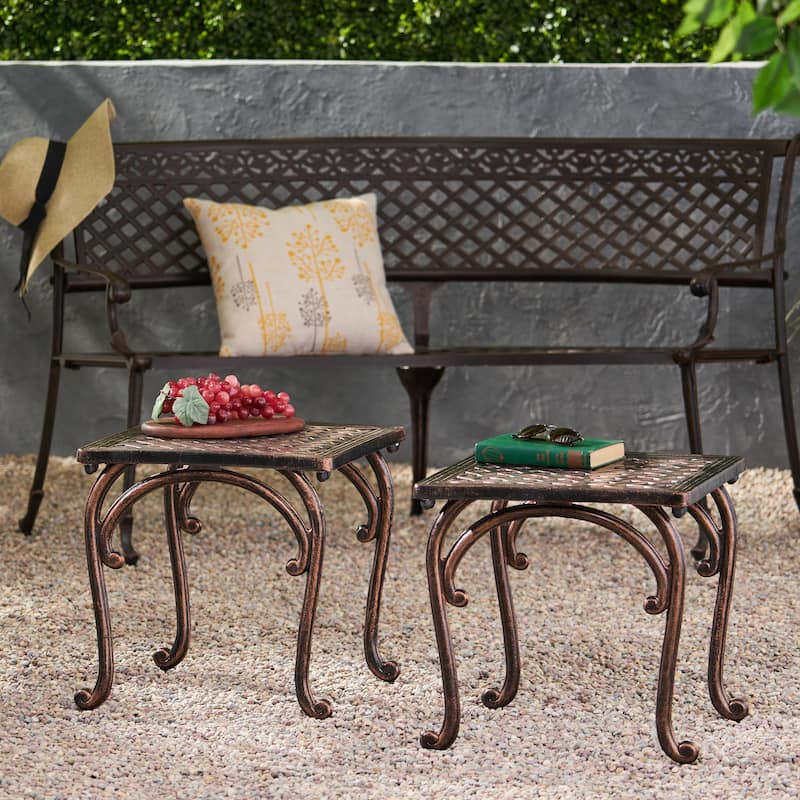 Roomfitters Cast Aluminum Outdoor Side Table Set of 2, Weather Resistant Patio Accent Tables with Lattice Design, Bronze