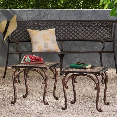 Roomfitters Cast Aluminum Outdoor Side Table Set of 2, Weather Resistant Patio Accent Tables with Lattice Design, Bronze