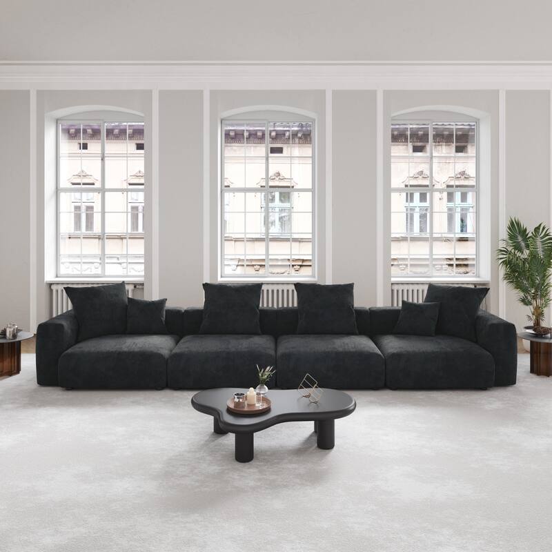 Black Corduroy Sectional Sofa Customized Sofa Couch with pillows. - 4-Seater