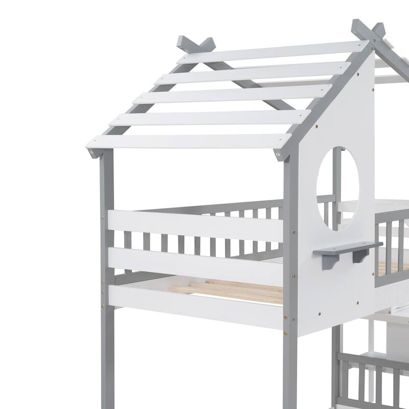 Stairway Twin-Over-Twin Bunk Bed, House Bed with Storage and Guard Rail, Natural Finish