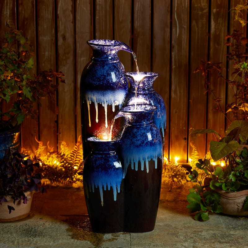 Glitzhome 30.75"H 4-Tiered LED Lighted Ceramic Vase Outdoor Floor Fountains - Blue