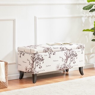 35 inch Storage Script Printed Linen Upholstered Fabric Ottoman Storage ...