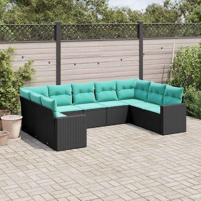vidaXL 9/10 Piece Patio Sofa Set with Cushions Black Poly Rattan - 24.4" x 24.4" x 27.2"