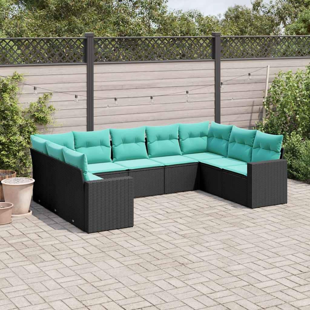 vidaXL 9/10 Piece Patio Sofa Set with Cushions Black Poly Rattan - 24.4" x 24.4" x 27.2"