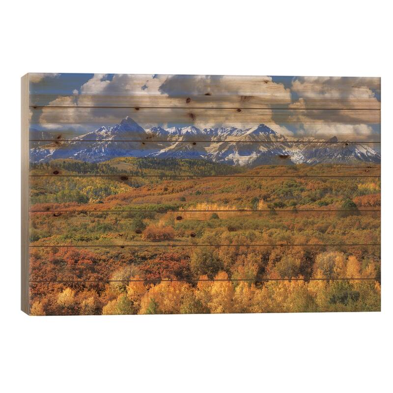 USA, Colorado, San Juan Mountains. Mountain and valley landscape in autumn. Print On Wood by Jaynes Gallery - Multi-Color - 26x40x1.5
