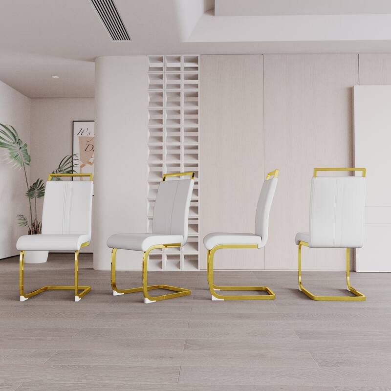 Modern Style Faux Leather High Back Dining Chairs Set of 4 with Golden Metal Legs for Dining Room