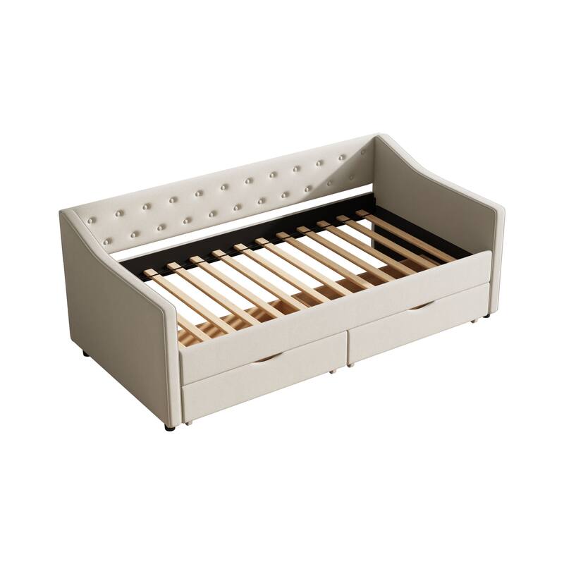 Linen Upholstered Daybed with 2 Drawers, Wooden Platform Sofa Bed Frame with Button Tufted Backrest, No Box Spring Needed