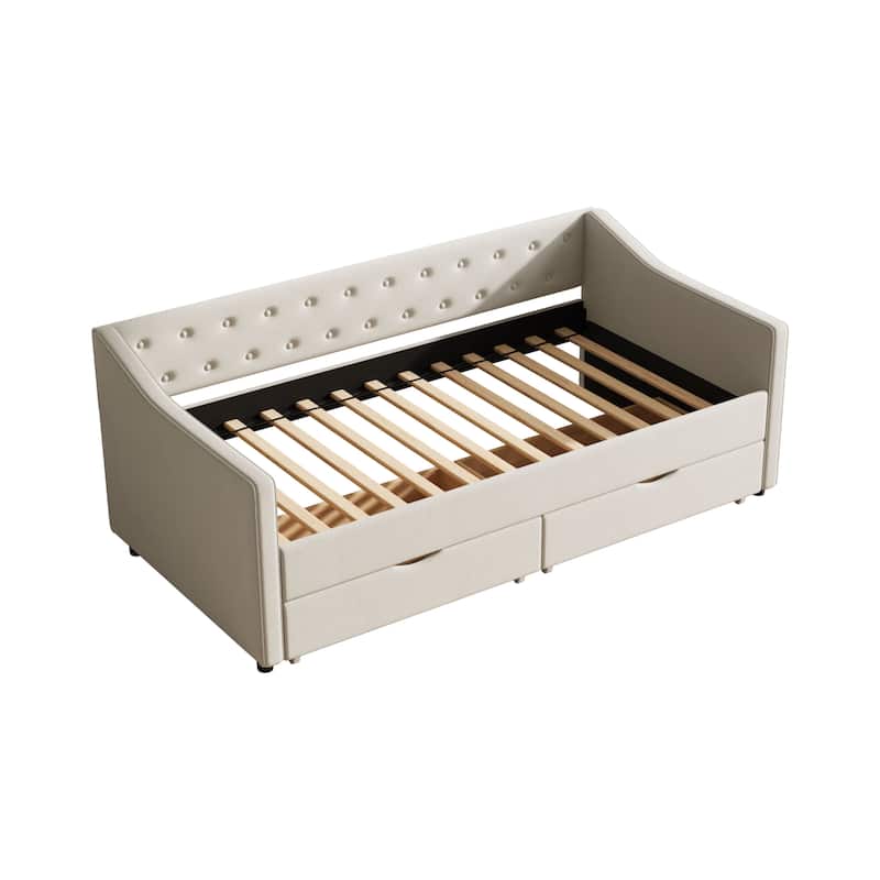Twin Size Daybed With Drawers Upholstered Tufted Sofa Bed, With Button On Back And Piping On Waved Shape Arms