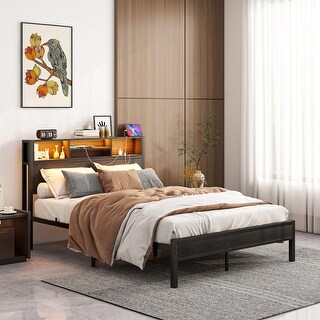 Full Size Platform Bed Frame with Storage Headboard, Metal Bed with Charging Station, Bookcase Storage, Noise-Free, Black