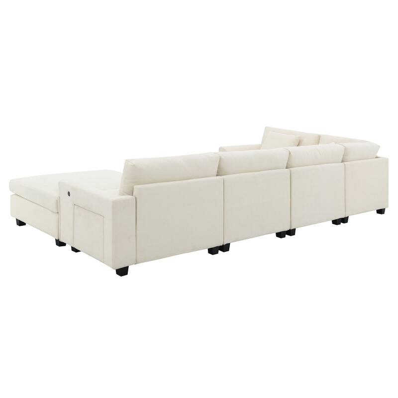 U Shaped Sectional Sofa with Ottoman, Chenille 6 Seater Sofa with Hidden Armrest Storage, Cup Holders & USB Charging Ports