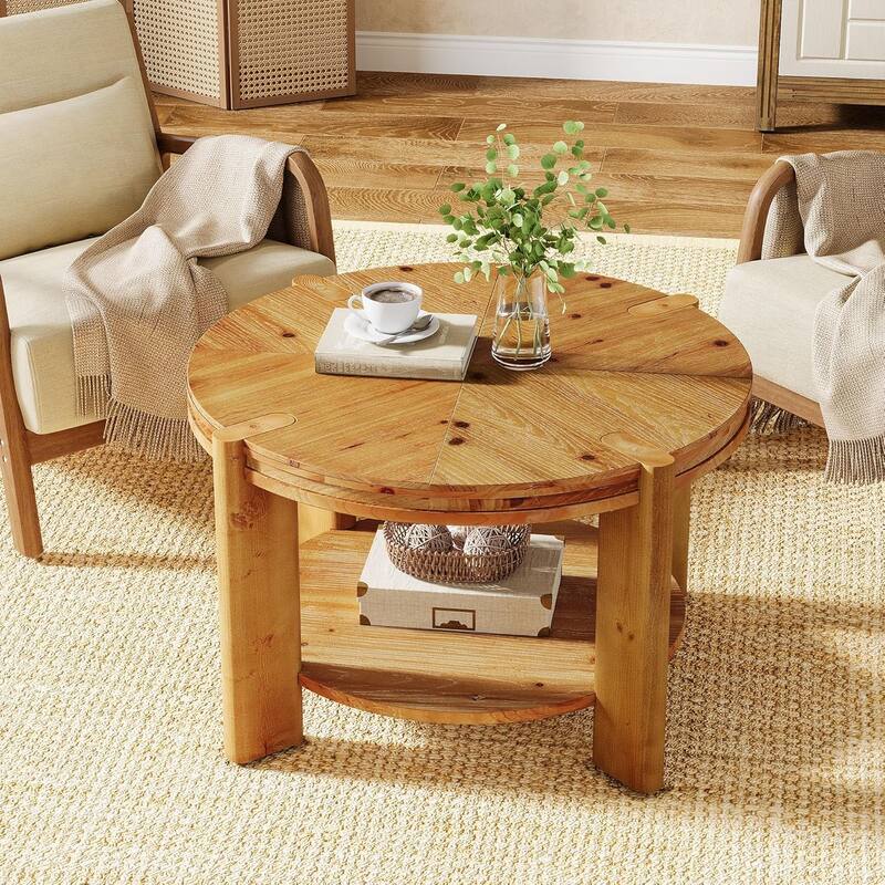 Farmhouse 2-Tier Round Solid Wood Coffee Table, 31.5" Circle Accent Center Tables for Living Room