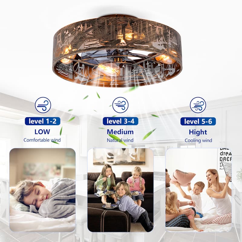 20" Iron Art Ceiling Fans with Remote, Farmhouse Flush Mount Ceiling Fan with 6 Speeds Reversible Motor - Blush+Gold,Bronze