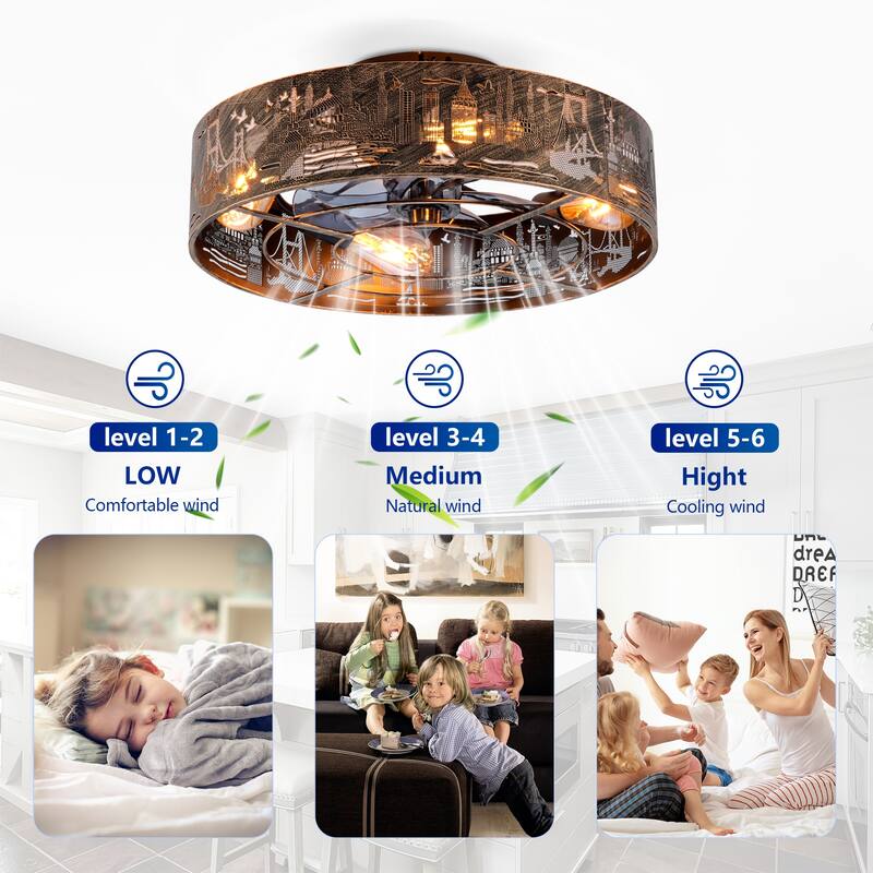 20 inch Flush Mount Ceiling Fan Light with Remote Caged Farmhouse Fandelier Black Wood Low Profile