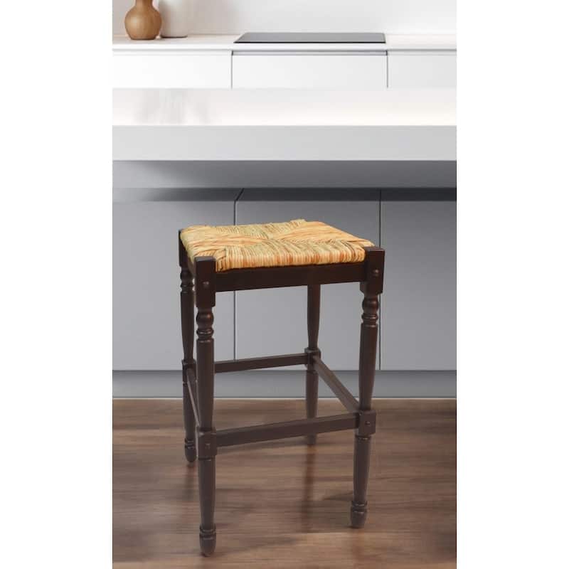 HomeRoots 29" Natural and Espresso Wicker and Solid Wood Backless Bar Height Bar Chair - Bar Height - Natural - Single