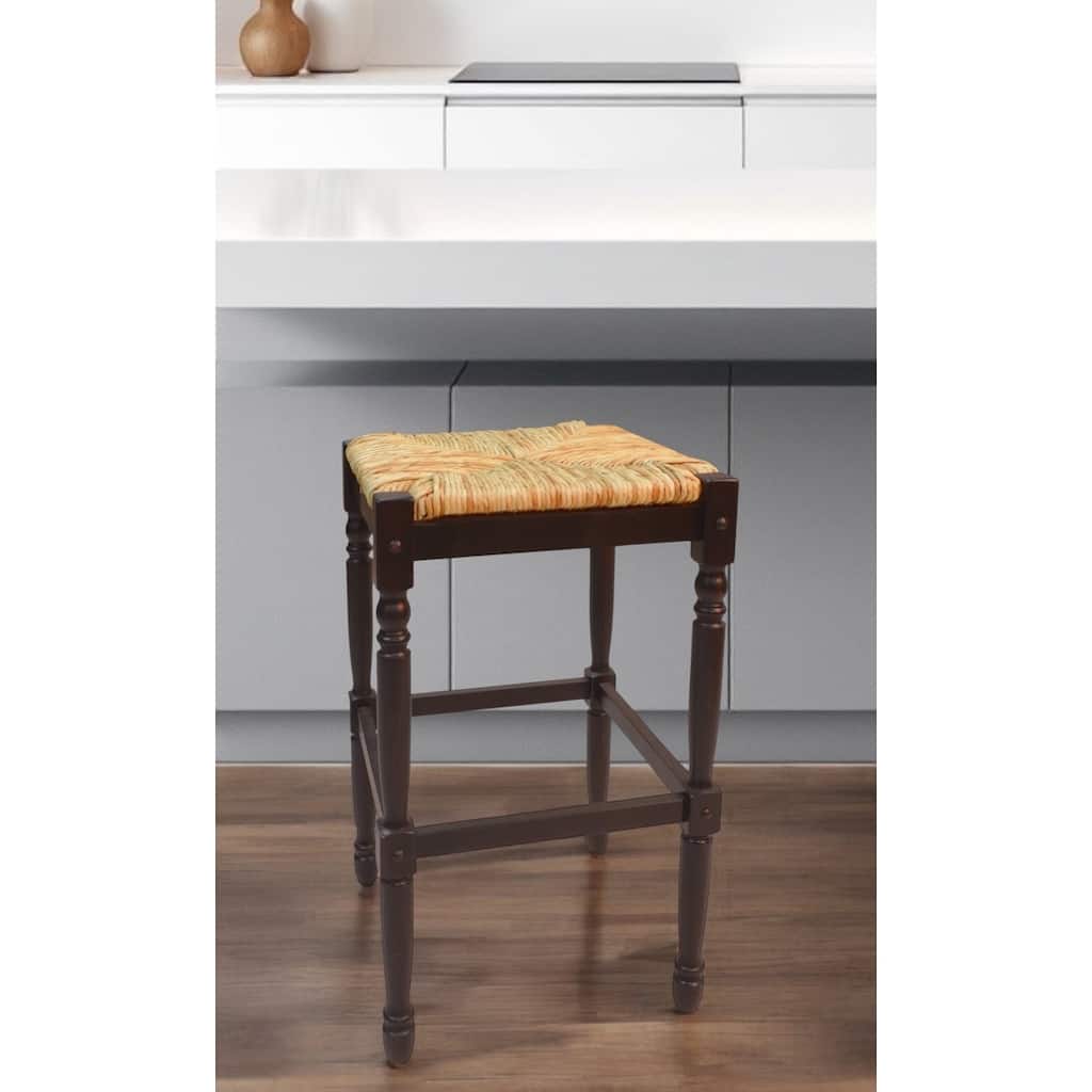 HomeRoots 29" Natural and Espresso Wicker and Solid Wood Backless Bar Height Bar Chair