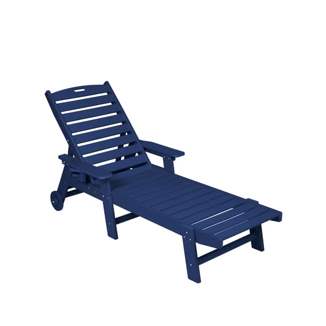 Oversized Outdoor Lounge Chair With Wood Texture‌ - Five-Position Adjustable HDPE Chaise Lounge Featuring Wheels And Cup Holder. - Navy Blue