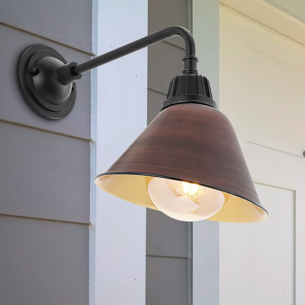 Aurora 9.63" 1-Light Farmhouse Industrial Indoor/Outdoor Iron LED Gooseneck Arm Outdoor Sconce, by JONATHAN Y - 9.63