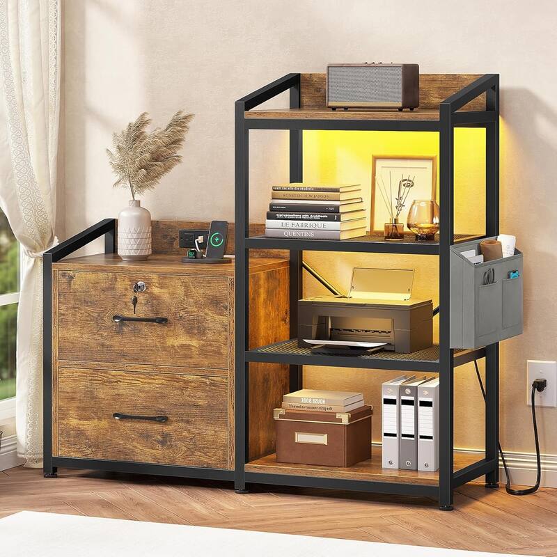 2 Drawer File Cabinet Filing Cabinet Letter Legal Power Strip LED Lights Lock Open Shelf - Brown