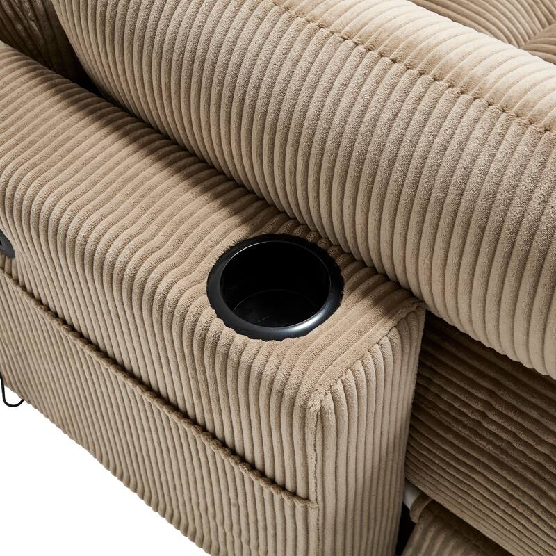 Oversized Corduroy Upholstered Single Chaise Lounge Sofa Couch Switchable Armrest with Cup Holders, USB Ports and Pockets