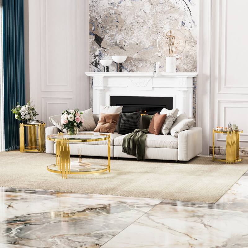 Glass Coffee Table Set of 3, Includes 1 Coffee Table & 2 End Tables, Luxury Living Room Table Set with Glass Top and Lower Shelf