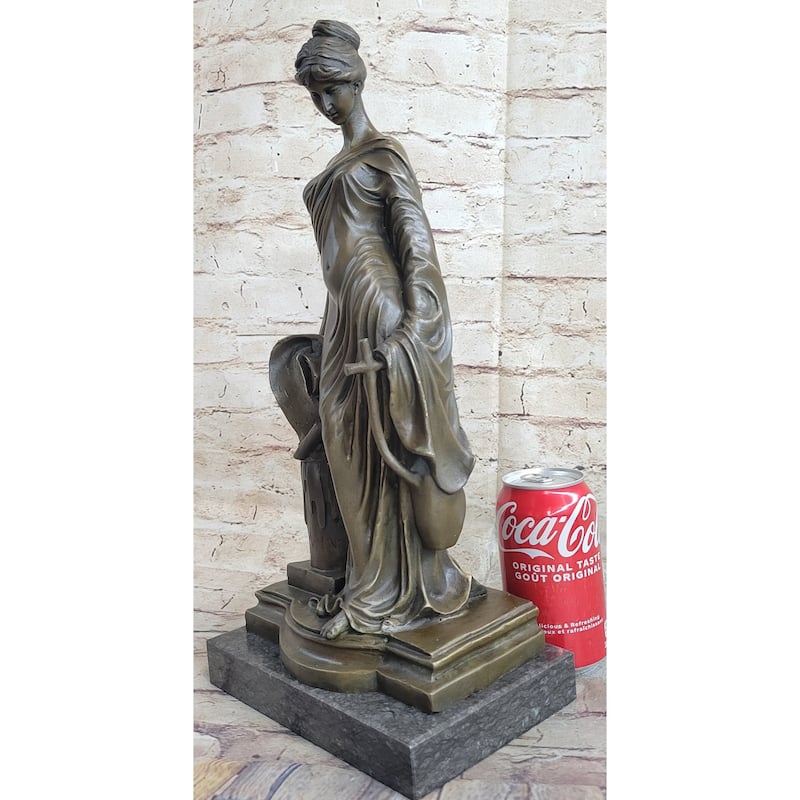 Young Roman Woman Leaning Against Pillar Bronze Figure Statue Sculpture Decor