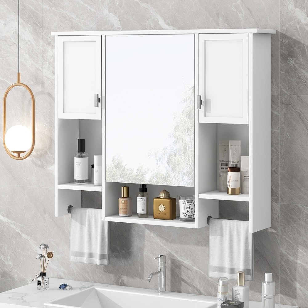 GDFStudio - Auburn Modern Wall-Mounted Bathroom Storage Cabinet with Mirror and Towels Bar - 35'' x 28''