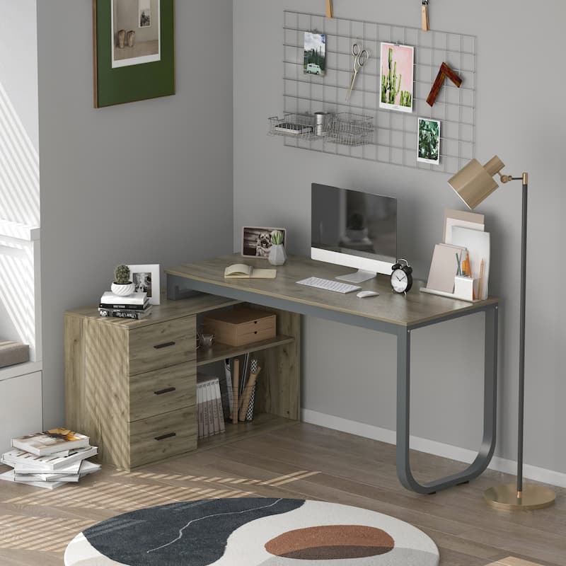 3-Drawer L-Shape Executive Desk Computer Tables With Storage Cabinet
