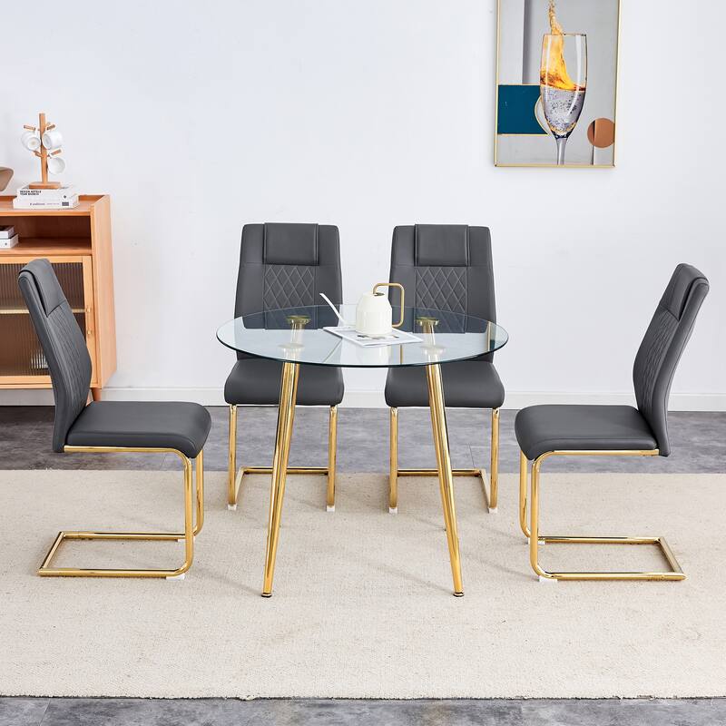 5 Piece Tempered Glass Dining Table Set for 4, Modern Round Table with 4 Upholstered Chairs for Kitchen, Office Conference Room