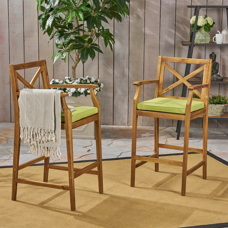 Roomfitters 2-Piece Outdoor Acacia Wood Bar Stools with Armrests and Cushions, X-Back Patio High Dining Chairs - Green