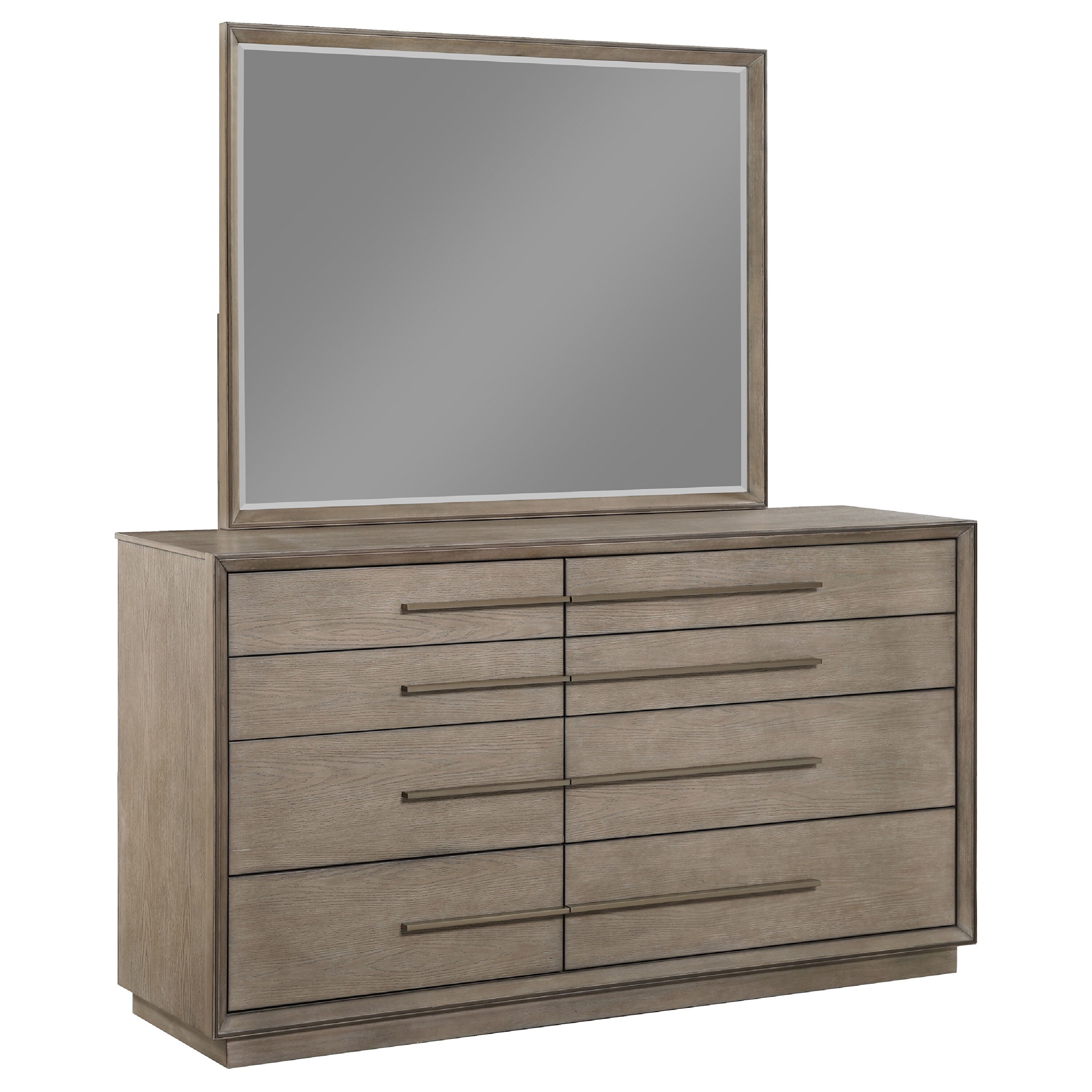 Lyni Wide Dresser with Mirror, 8 Drawers, Metal Handles, Oak Gray