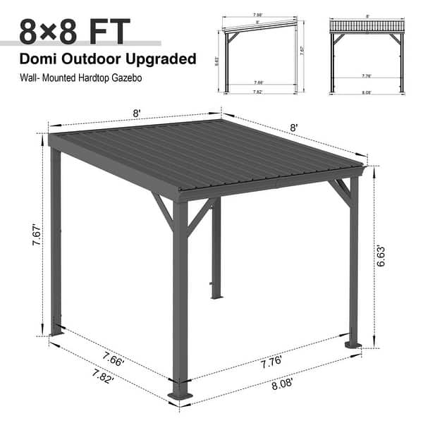 dimension image slide 1 of 6, Domi Lean to Gazebo, Outdoor Hardtop Wall Mounted Gazebo with Sloping Galvanized Steel Roof