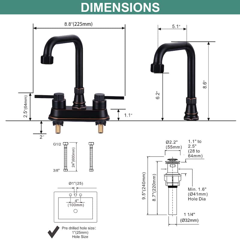 WOWOW 4 in. Centerset Double Handle High Arc Bathroom Faucet