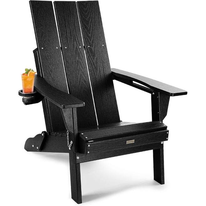 WINSOON Modern HDPE Outdoor Folding Adirondack Chair With Cup Holder - Black