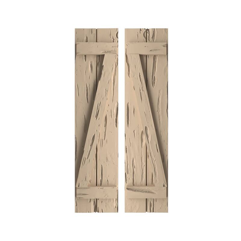 Rustic Two Board Joined BoardnBatten Faux Wood Shutters w/ZBoard (Per Pair), Primed Tan On
