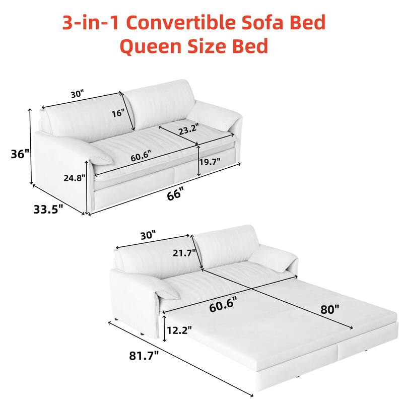 66" Queen Pull Out Sofa Bed, 3-in-1 Convertible Sleeper Sofa with Side Storage,Multi-Functional Velvet Loveseat Bed