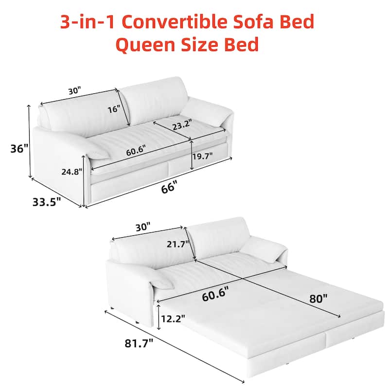 66" Queen Pull Out Sofa Bed,3-in-1 Convertible Sleeper Sofa with Side Storage,Multi-Functional Velvet Loveseat Bed