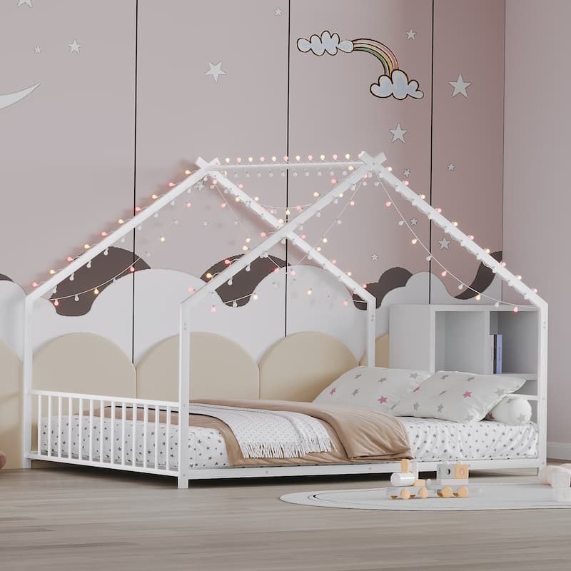 Full Size Children'S Bed Frame With Led Light Strips,Roof-Shaped Iron Frame Bed