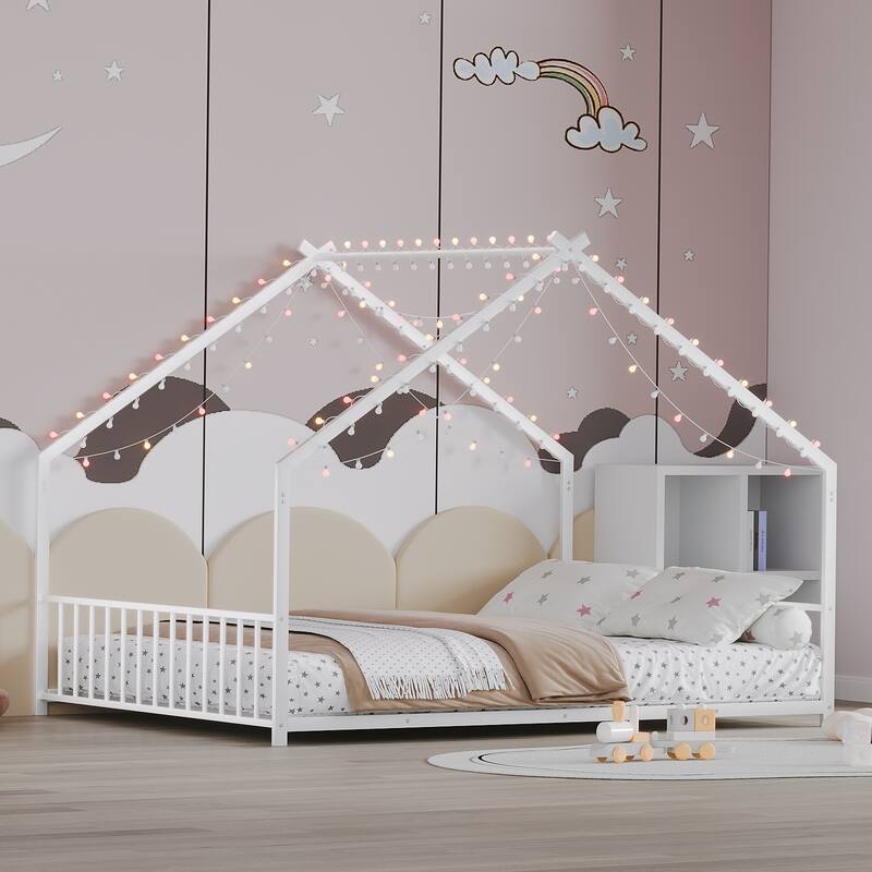 Full Size Kids LED Roof Bed Frame with Light Strips, Sturdy Iron Construction, White