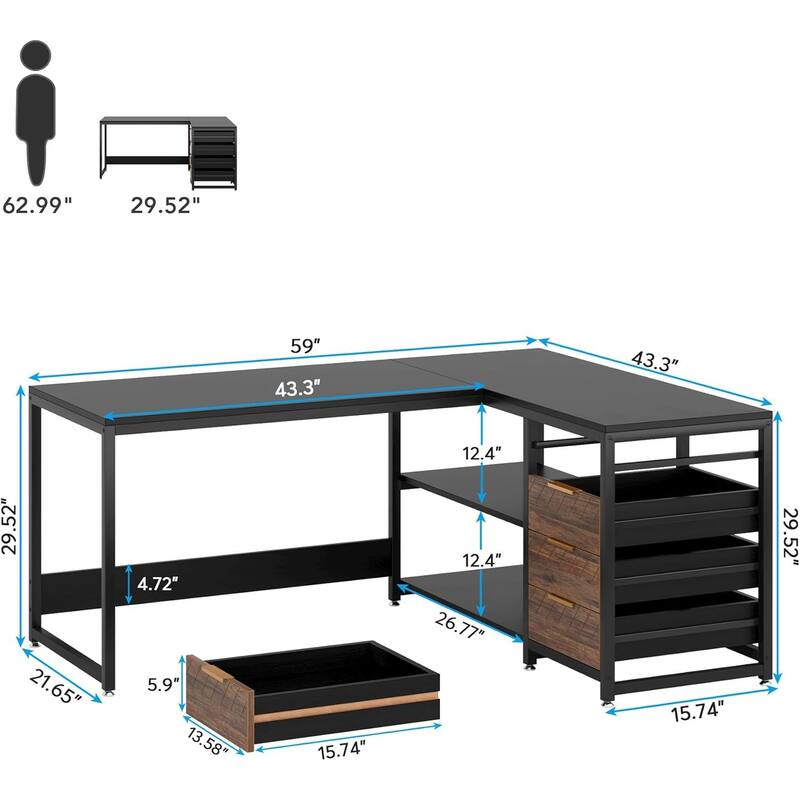 59" L-Shaped Computer Desk with Drawers and Storage Shelves, Reversible, Black
