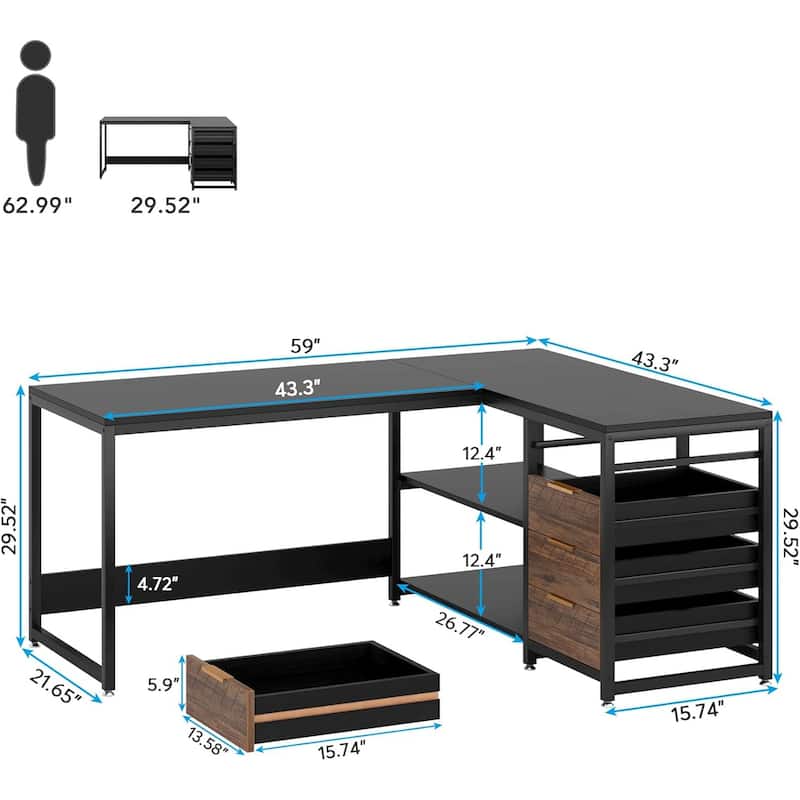 Reversible L-Shaped Computer Desk with Storage Drawers and Metal Frame for Home or Office Use