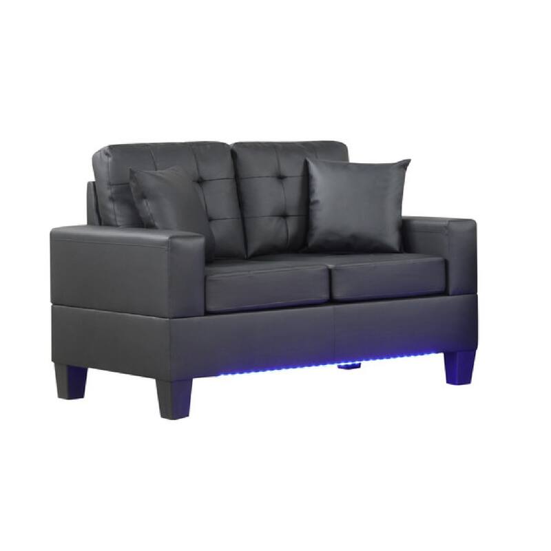 Iris Sofa and Loveseat Set, LED, USB, Cupholders, Black Faux Leather