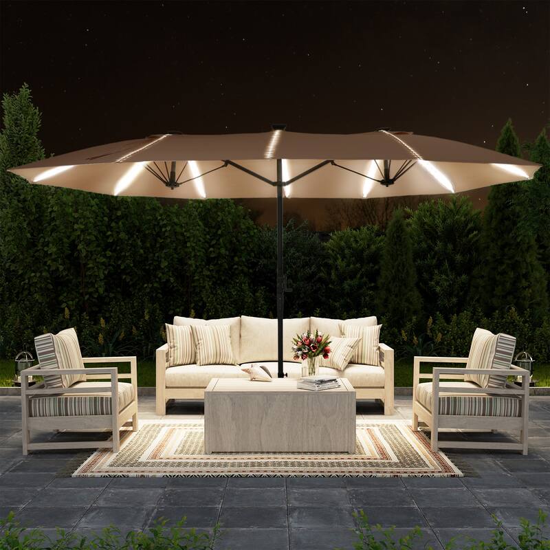 15ft Double-Sided Patio Umbrella with Lights Large Outdoor Umbrella