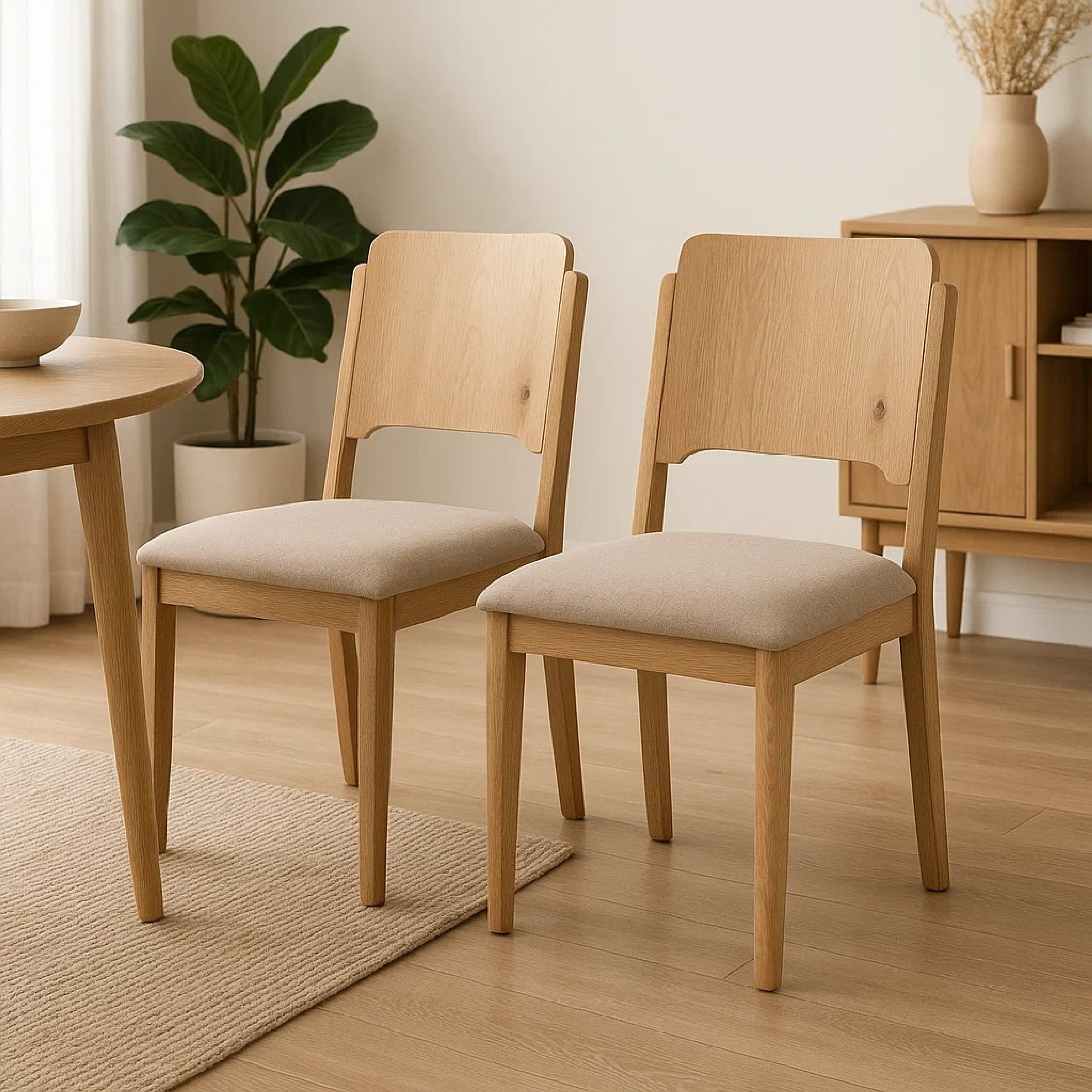 Dining Chair Set of 2, Khaki Padded Fabric Seat, Brown Wood Legs